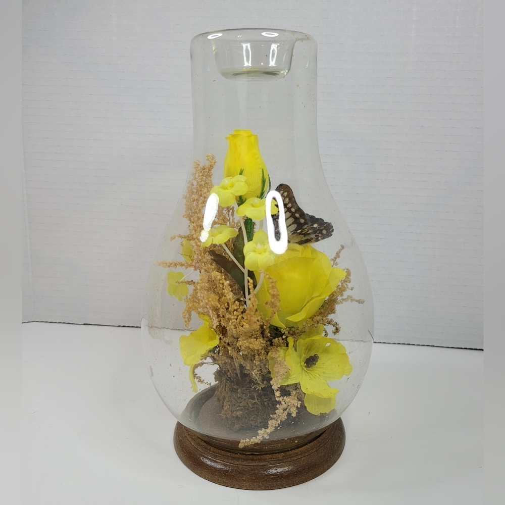 Vintage Butterfly with yellow Silk Flowers Under Glass Dome Cloche Silk Flowers